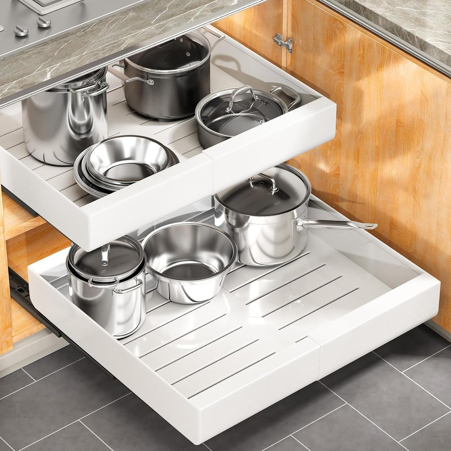 Pull out Cabinet Organizer, Expandable(12"-20") Heavy Duty Slide out Drawers Fixed with Adhesive Nano Film for Pots, Roll out Shelf Storage for Kitchen Base Cabinet, Pantry, Bathroom Cupboard