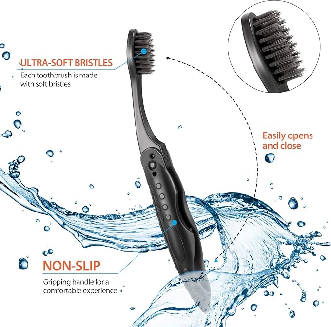 Boao 8 Packs Travel Toothbrushes Individually Wrapped Black Folding Toothbrush for Travel Camping Portable Charcoal Toothbrush with Soft Medium Bristles