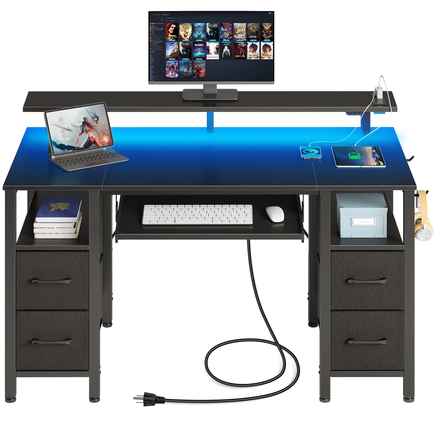 Seventable Computer Desk 55.1" with LED Lights & Power Outlets, Home Office Desk with 4 Drawers, Writing Desk with Keyboard Tray, Study De sk with Monitor Stand, Work for Home Office, Black
