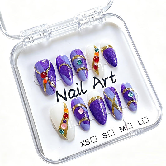 French Press on Nails Almond Handmade, Purple Glitter Metal Gemstone Luxury Romantic Date Style for Women 10 Pcs(Size M)