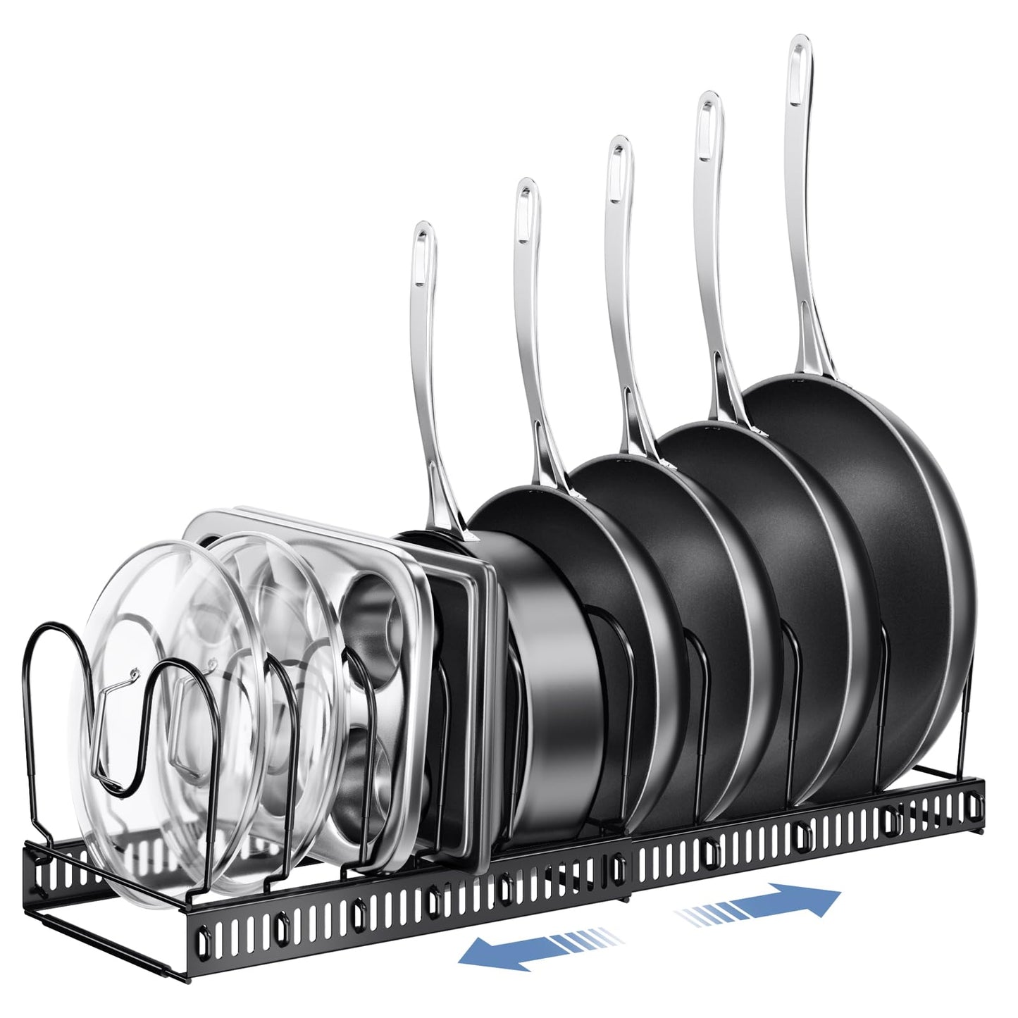 ORDORA Pots and Pans Organizer under Cabinet with Pot Lid Organizer, Expandable Rack for Pan and Pot Organizers Inside Cabinet, 12"-23" Adjustable with 10 Dividers for Kitchen Organization, Black
