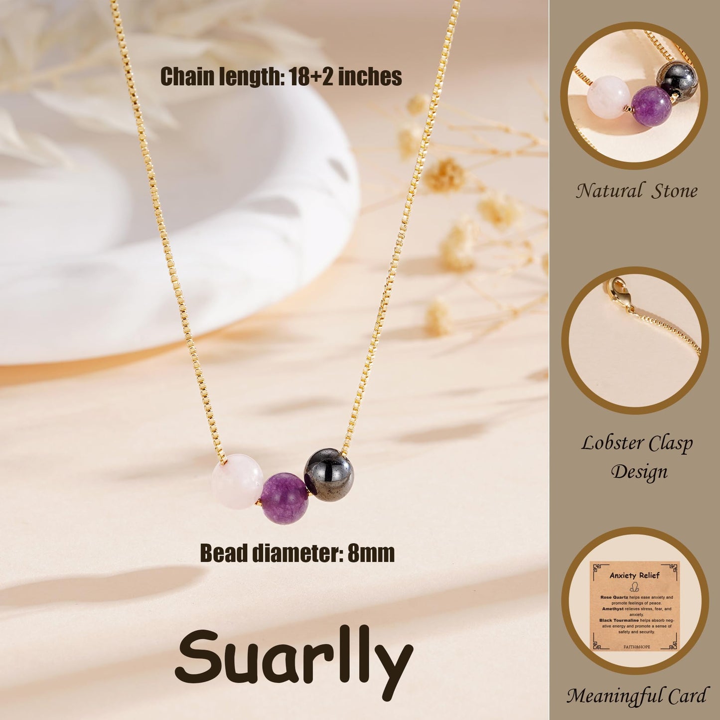 Suarlly Healing Crystal Necklace for Women 14k Plated Gold Beaded Necklace Anxiety Relief Triple Protection Amethyst Gifts for Friends Sister Mom Daughter Jewelry