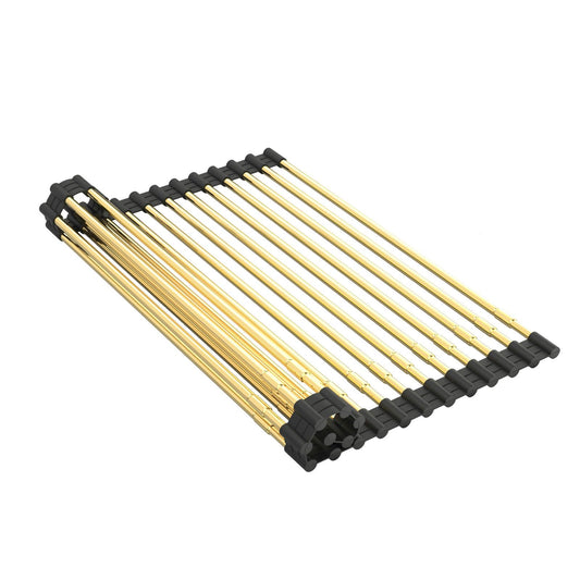 AXIMIXAME Expandable Large Draining Rack, Roll Up Heat-Resistant Dish Drainer for Stainless Steel Sinks, Collapsible Over The Sink Rack Non-Slip Silicone Rolling Up Rack Gold 18 Tube