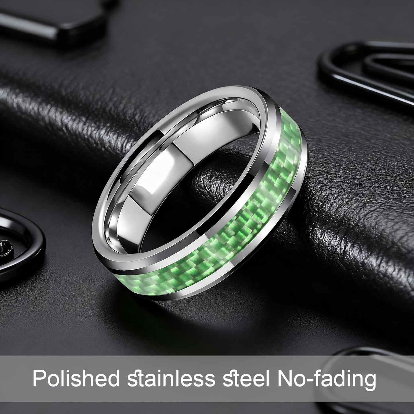 HJIMMNHONG New Carbon Fiber Fashion Rings Double Beveled Edge Delicate Polished Simple Stainless Steel Mens and Women Rings,8mm,Green,Size 9
