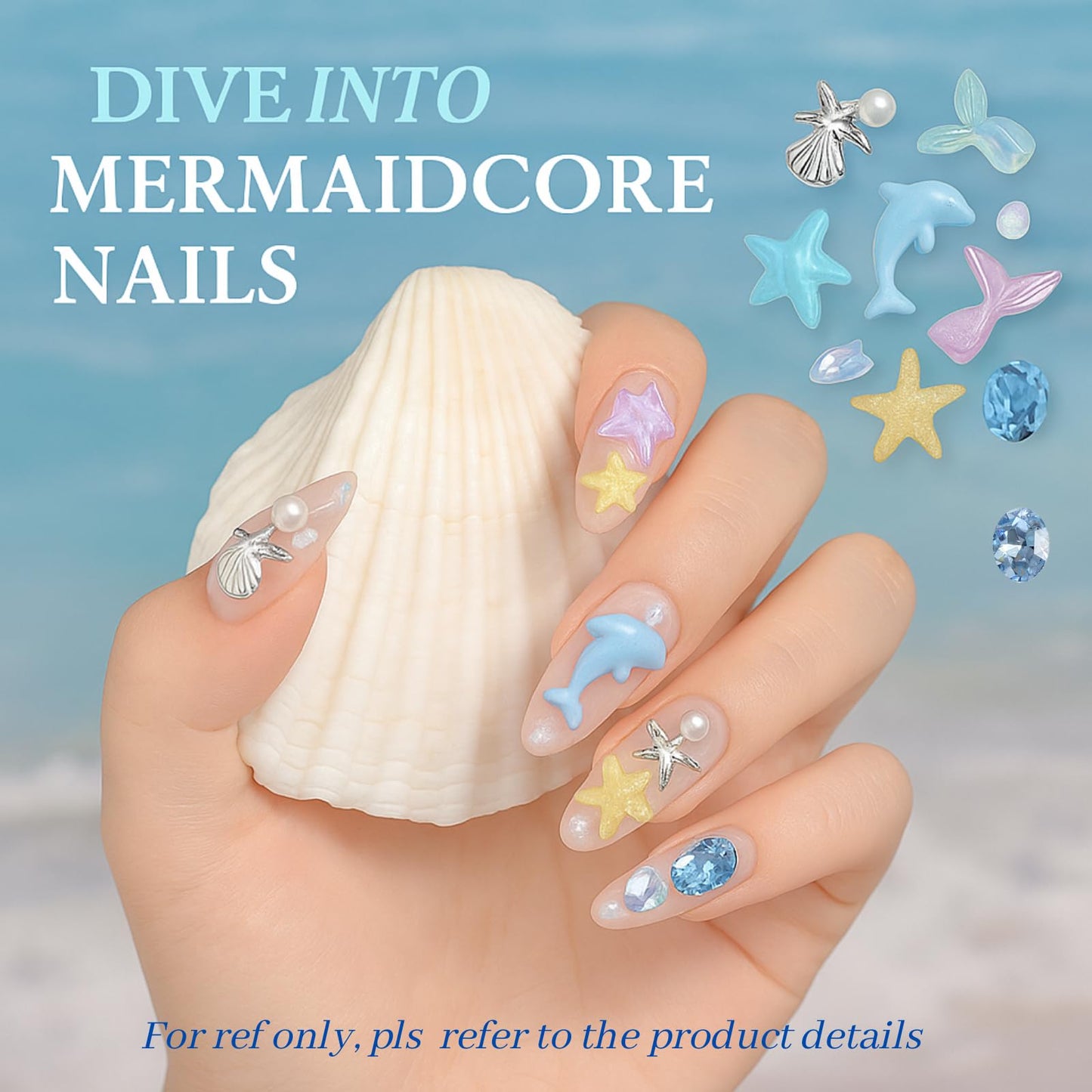 Press On Nail Sizing Card +Ocean Nail Charms Gem Kit Bundle