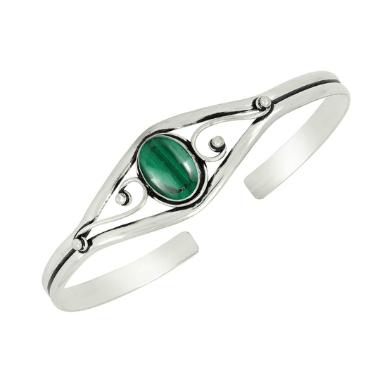925 Silver Plated Natural Malachite Cuff Bangle Bracelet for Women – Handmade Open Bangle – Green Gemstone April Birthstone Statement Jewelry – Gift for Her