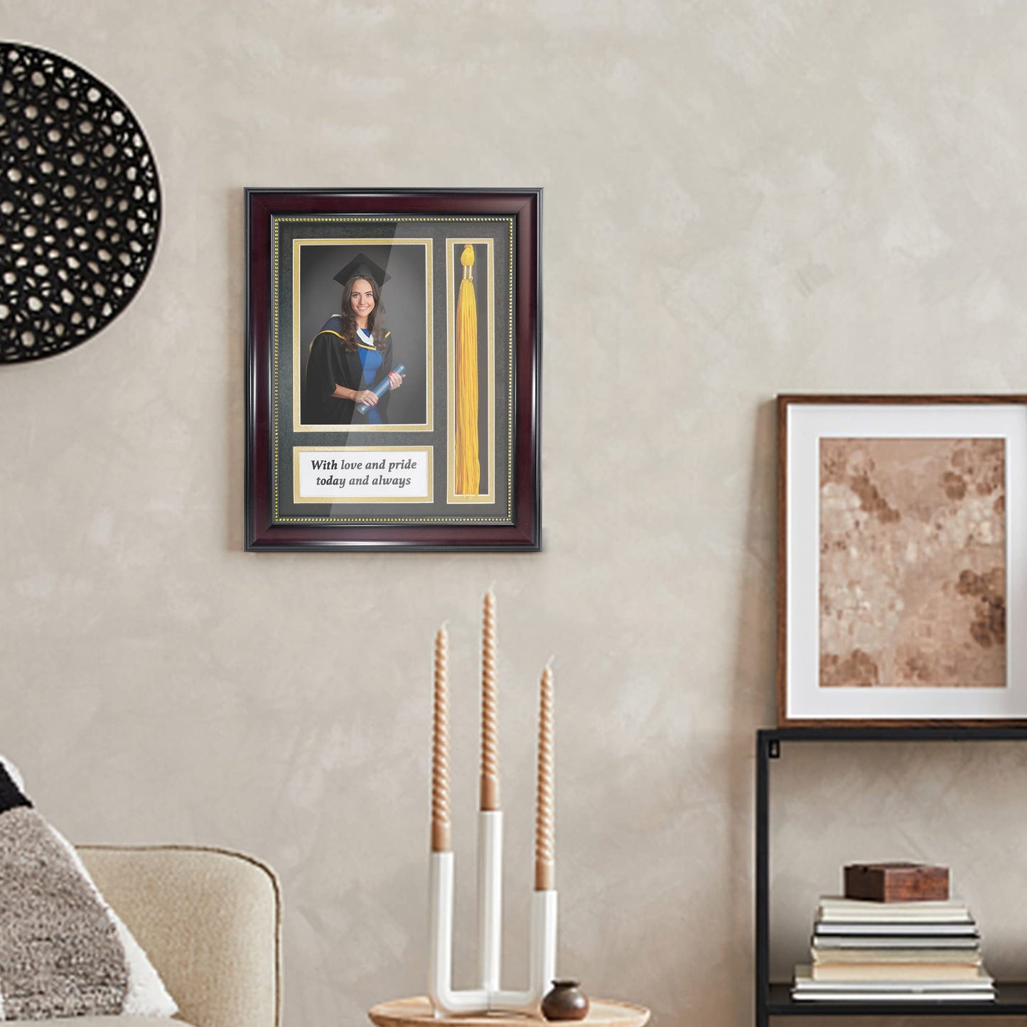 GraduationMall Graduation Photo Shadow Box Frame with Tassel Holder for 5x7 Pictures,Real Glass,Black over Gold Double Mat,Wall & Tabletop Design