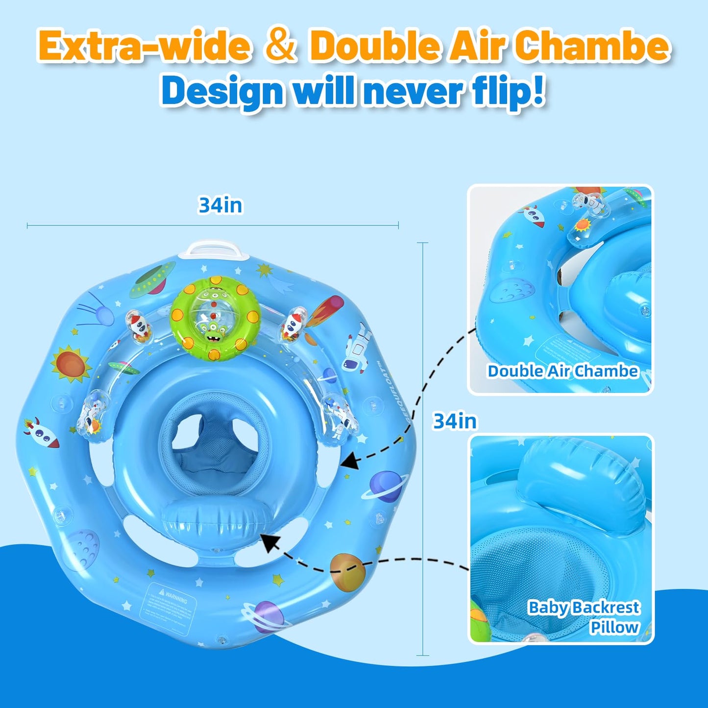 Baby Pool Float with Canopy, Inflatable Baby Swim Float with UPF50+ Sun Protection, Infant Pool Float with Toy Play Console,Safety Handles & Leashes,Adjustable Safety Seat For Toddler Aged 6-36 Months