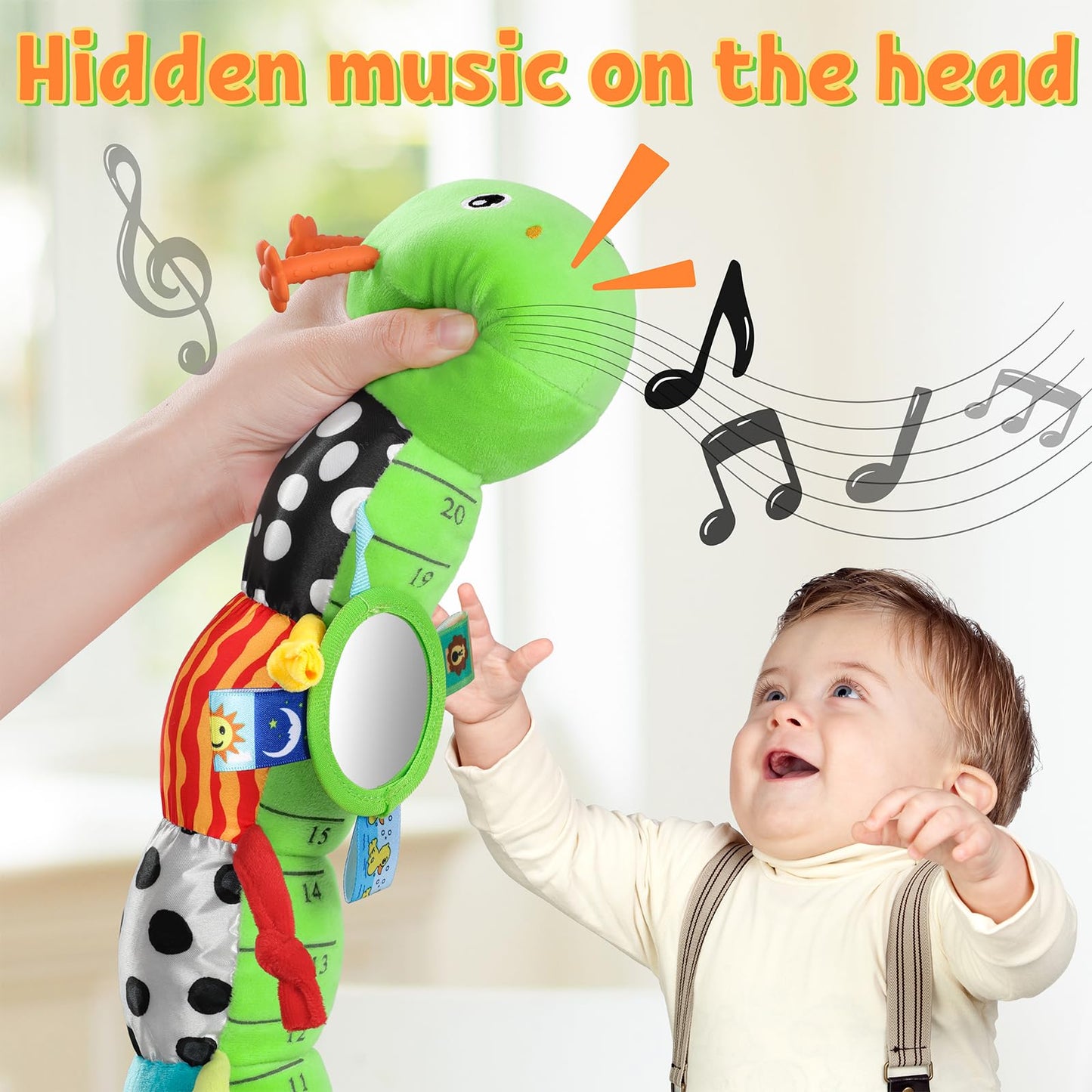 LIGHTDESIRE Baby Toys Musical Caterpillar,Infant Toys Stuffed Animals with Ruler Design,Mirror,Pull String&Ring Bell,Baby Teething Toy for Tummy Time Toy Newborn Boy Girl 3 6 12 Months(Grass Green)