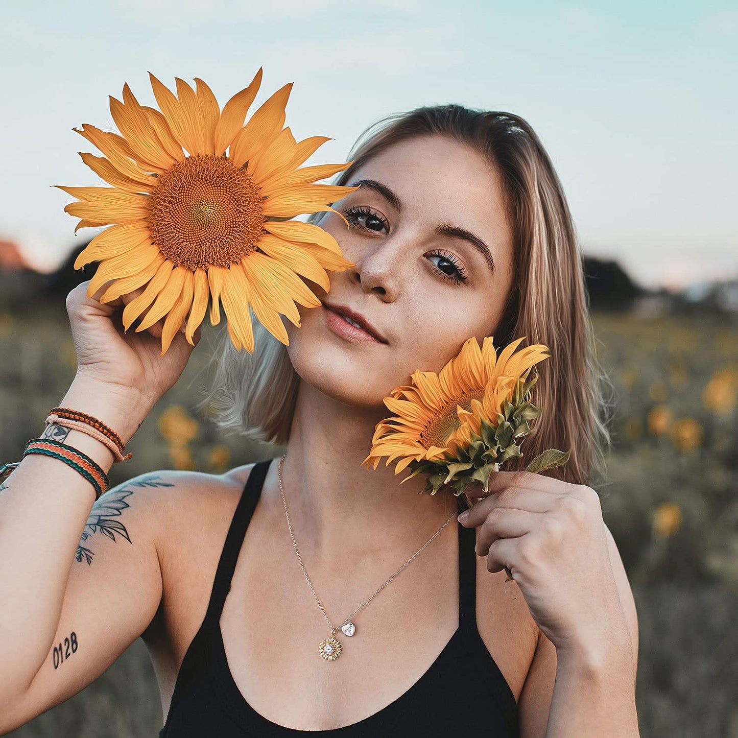 MONOZO Initial Sunflower Necklace for Women Trendy, 14k Gold Plated Sunflower Necklace M Pendant CZ Heart Letter Initial Necklace You Are My Sunshine Sunflower Gifts Gold Jewelry