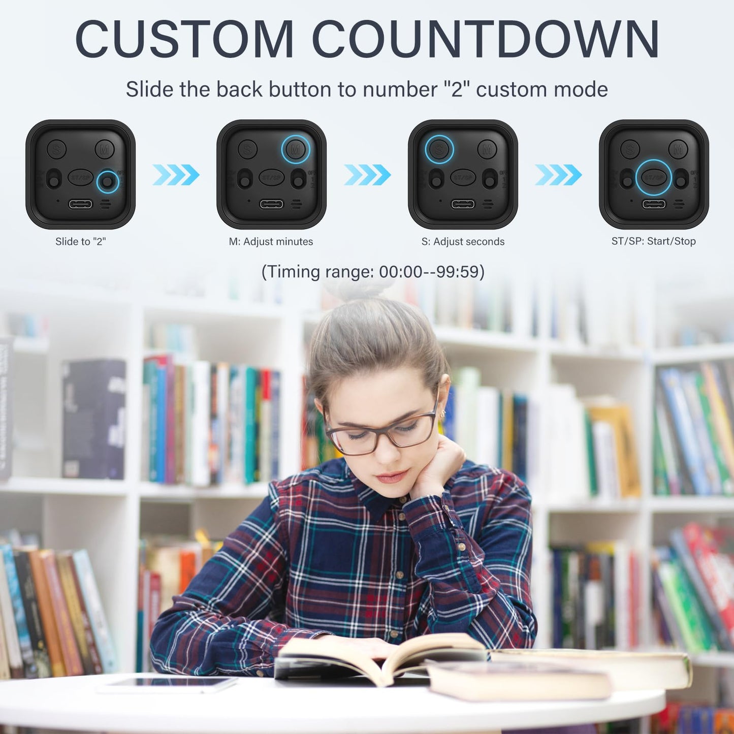 Rotating Pomodoro Timer 5, 25, 10 50 Minutes Preset, Desk Productivity Timer w/Gra vity Sensor, ADHD Tool Cube Countdown, Custom Modes, for Work, Study, Back to School, Kitchen, Black, 2 Pack