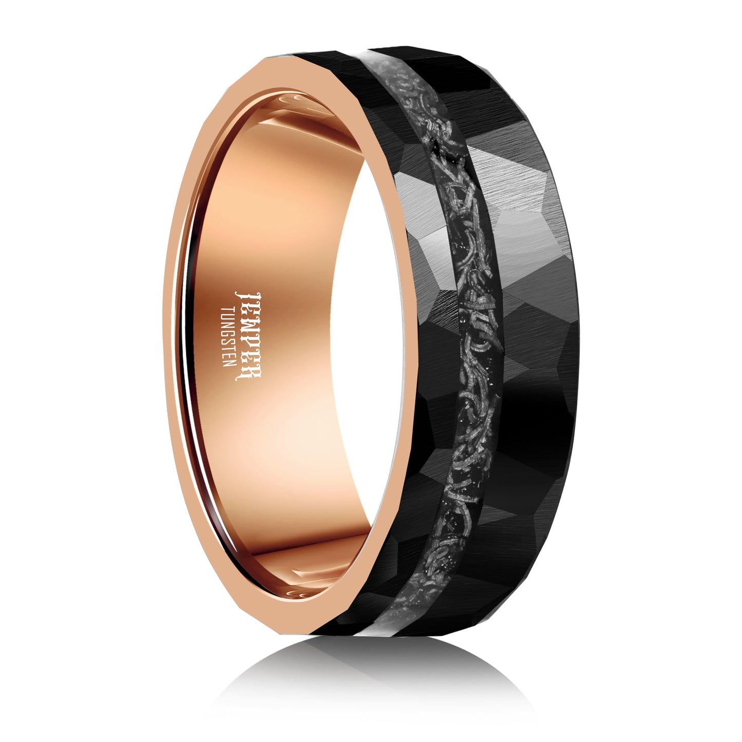 JEWPER 8mm Men Womens Wedding Band Tungsten Rings black rose gold Hammer pattern Fashion Promise Carbide Inlaid Iron Filings Matte Finish Edge Comfort Fit size(11)