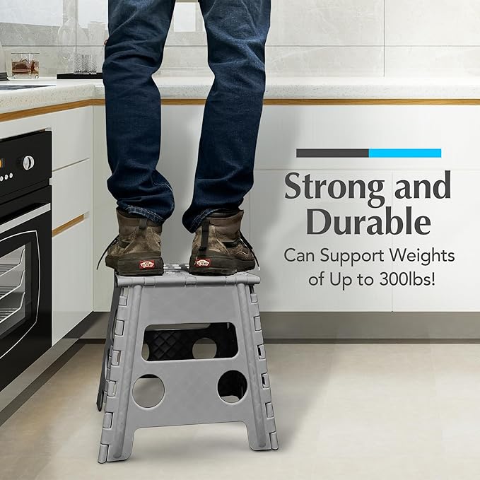 Handy Laundry Folding Lightweight Step Stool - Sturdy Enough to Support Adults and Safe Enough for Kids - Opens Easy with One Flip - Great for Kitchen, Bathroom or Bedroom (Grey - 13 inch)
