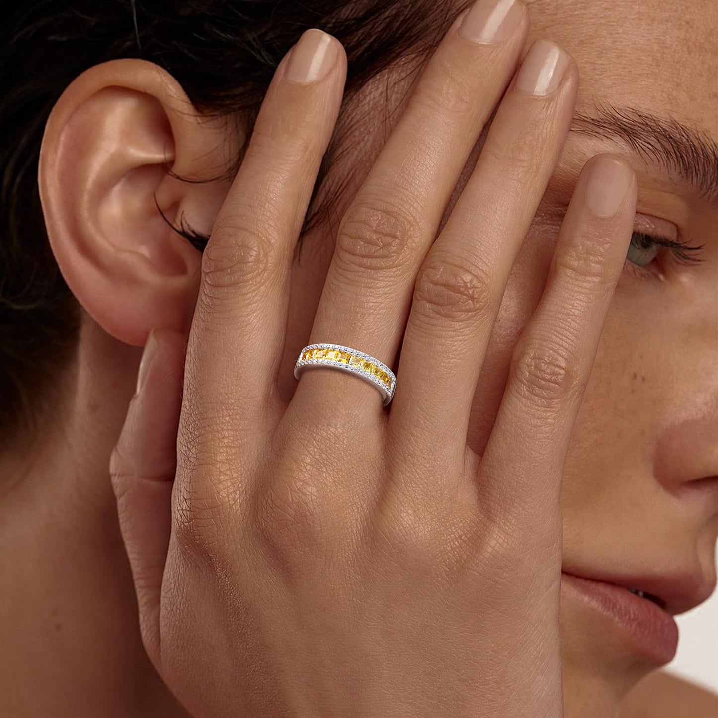 RANDES Citrine Ring 925 Sterling Silver Channel Set Princess Cut Anniversary Band Yellow Rings for Women November Birthstone Ring Size 7