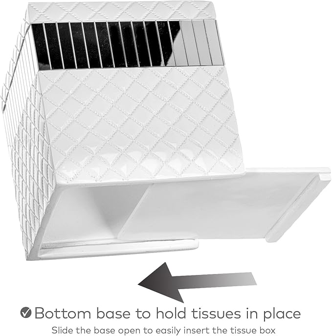 Creative Scents Quilted Mirror White Tissue Box Cover Square - Decorative Bathroom Tissue Box Holder - Modern Mirrored Tissues Cube Box Cover with Durable Bottom Slider
