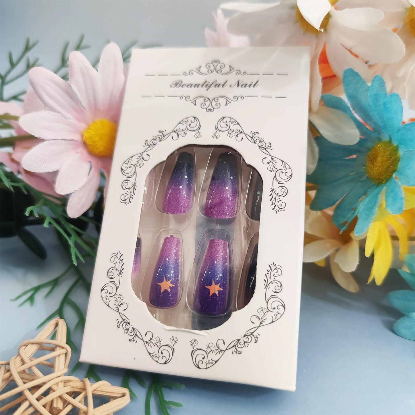 Starry Sky Acrylic Full Cover Fake Nails 24Pcs Milky Way Press on Nails Glossy Purple Gradient Medium Coffin False Nail Universe Gel Glue on Fingernails Gold Stars Stick on Nail for Holiday Manicure