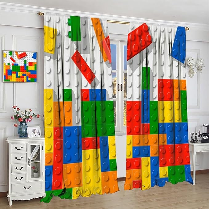 Building Blocks Toy Curtain Rod Pocket Children's Nursery Abstract Outline Colorful Plastic Toy Brick Geometric Print Pattern Curtain Boys Girls Bedroom Playroom 2 Panels 52x84in