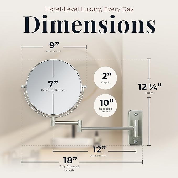 Zadro 7" Wall Mounted Wardrobe, Vanity Makeup Mirror with Magnification & Extending Arm (Large | 12.25" x 12" | 8X/1X, Chrome)
