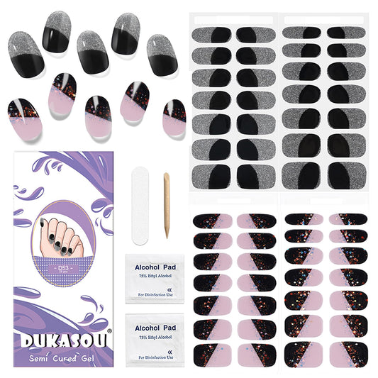 DUKASOU Semi Cured Gel Nail Strips, 56Pcs Nail Art Stickers/Wraps, Long Lasting UV Nail Polish Strips for Adults(Silver+Sequined Black)