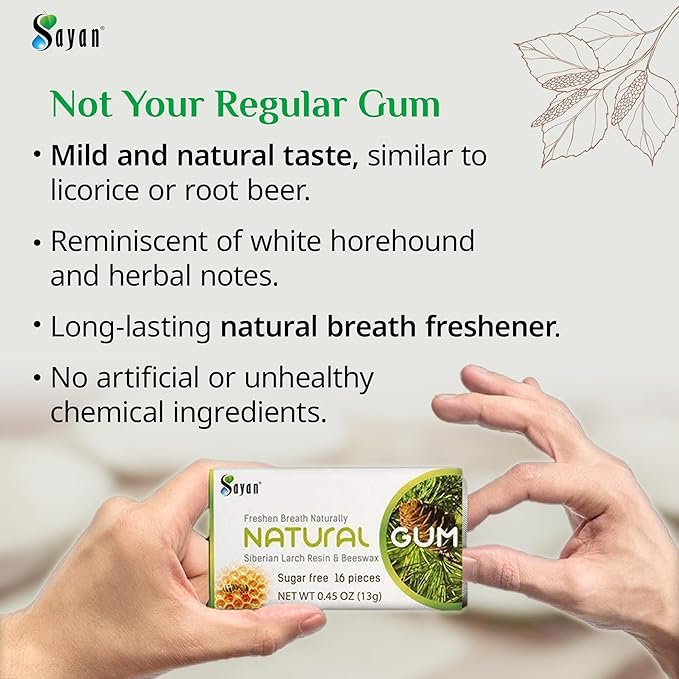 Sayan Sugar-Free All Natural Siberian Larch Tree Resin and Beeswax Chewing Gum – 6 Packs (96 Pieces) for Fresh Breath – Vegetarian, Non-GMO, Gluten Free, Aspartame Free, No Preservatives