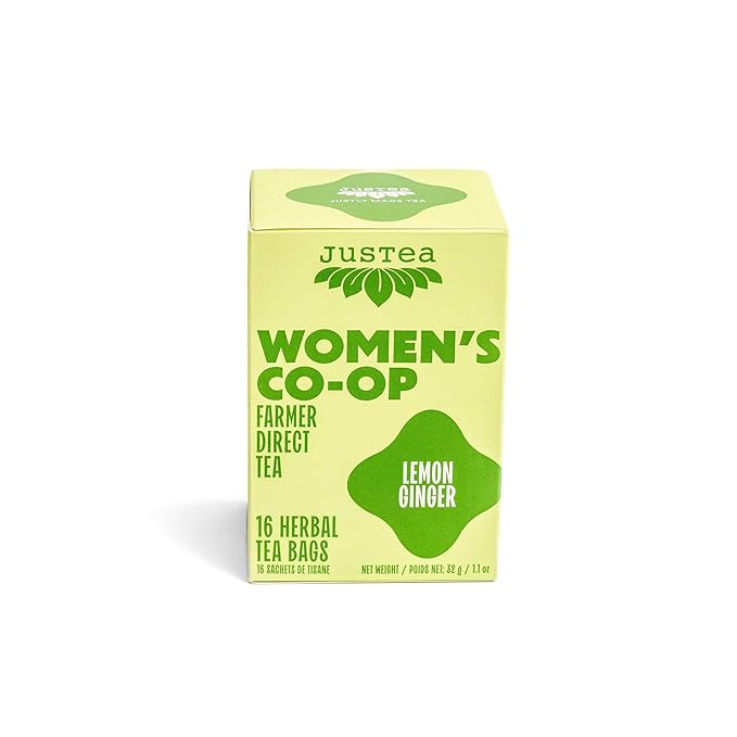 JusTea LEMON GINGER | Herbal Tea Bags, Caffeine-Free, Organic Ginger and Lemongrass Tea | Fair-Trade | Plastic-Free Tea Bags | Vegan, Sugar-Free, Gluten-Free | 16 Tea Bags