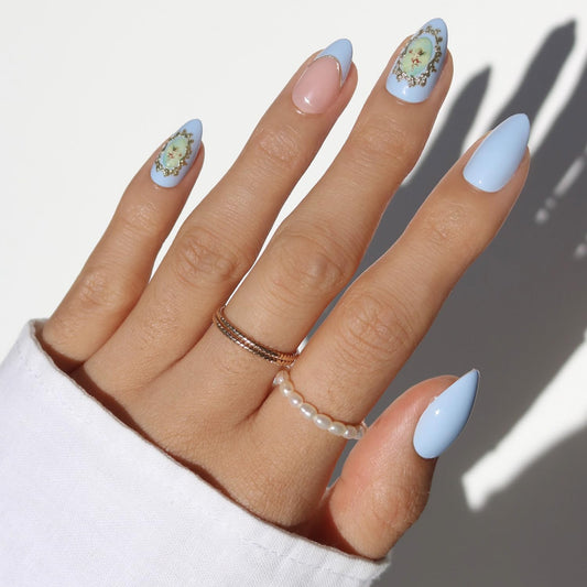 Glamnetic Press On Nails - Angel in Blue Spring Nails | Short Almond Fake Nails in a Soft Powder Blue Hue, Vintage Angel Cherub Graphics, French Tips and 3D | 15 Sizes - 30 Nail Kit with Glue