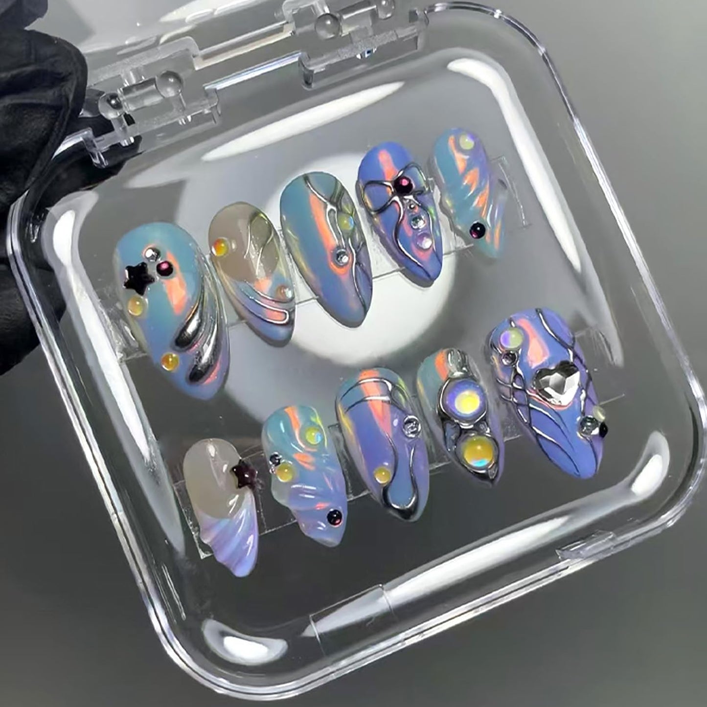 24Pcs Purple French Tip Press on Nails Medium Almond Fake Nails with Black 3D Star Colorful Ripple Design Handmade False Nails Full Cover Artificial Glue on Nails Cute Stick on Nails for Women DIY