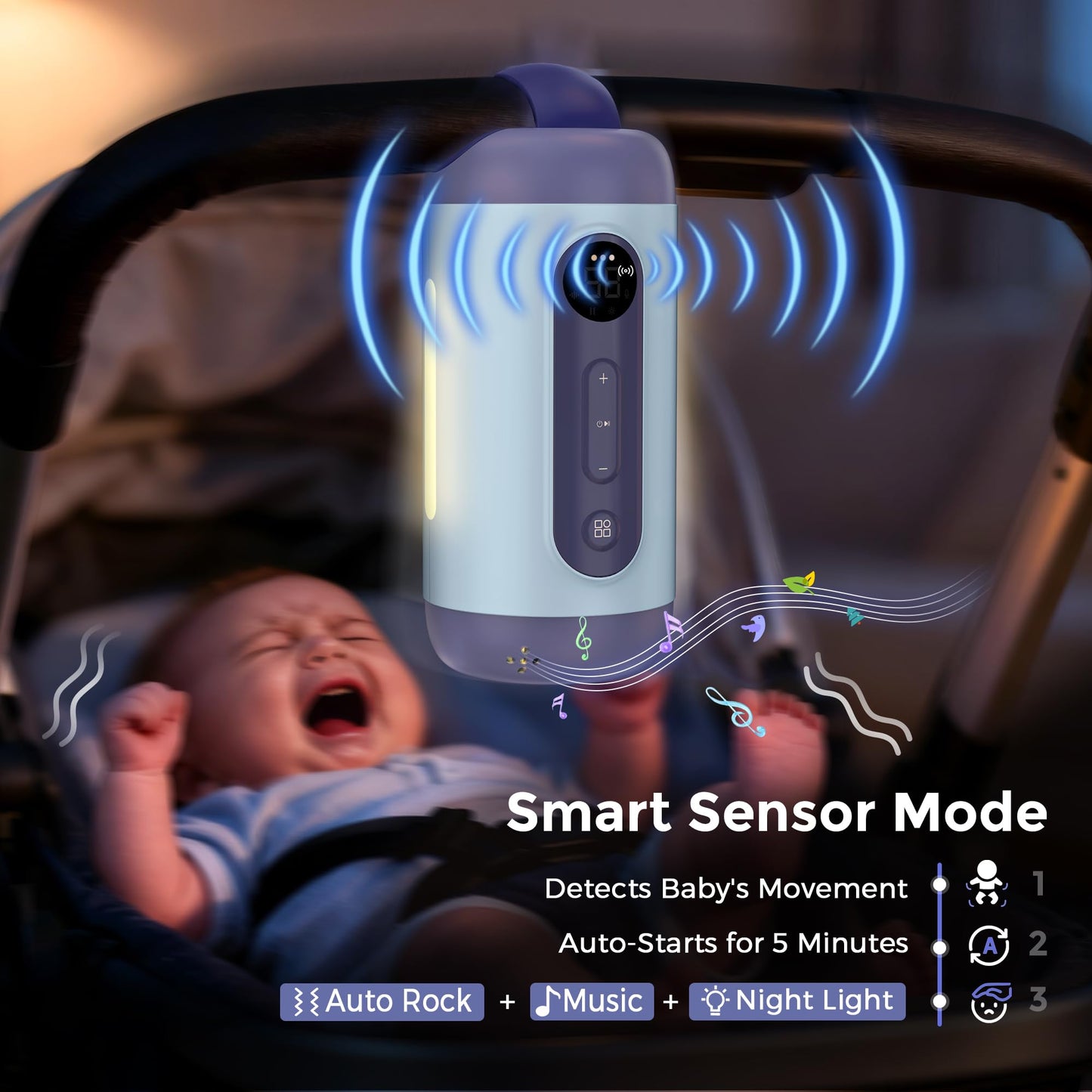 Rechargeable Hands-Free Baby Rocker & Sleep Soother – Portable Vibration Device with 6 Levels, 21 Melodies & Smart Sensor – Fits Most Strollers, Car Seats & Baby Gear, Travel Essential for Newborns