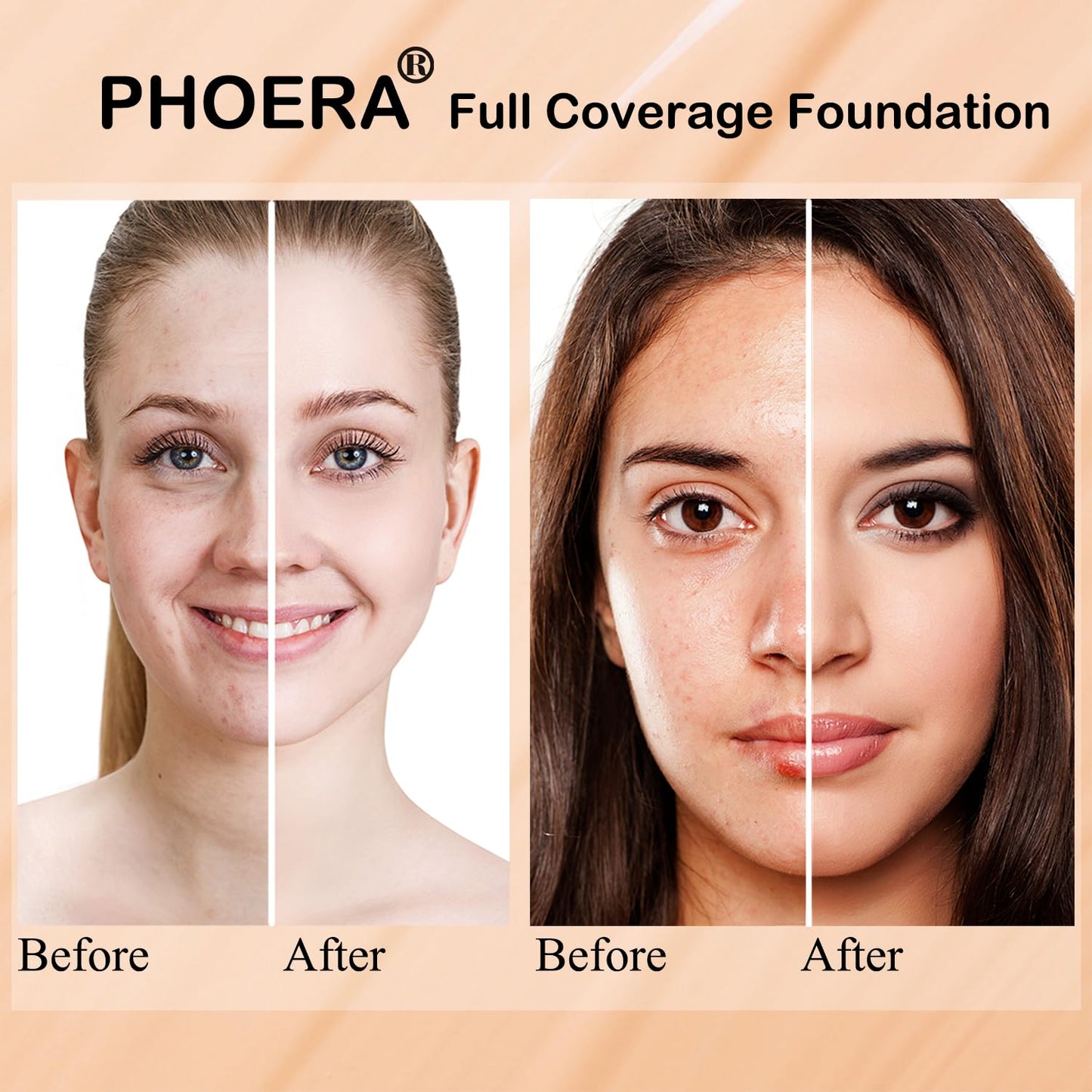 Hilareco PHOER Foundation, 2pcs- 101- Porcelain, Full Coverage Concealer, Matte Liquid Foundation, Oil-Control, Whitening, Refreshing Moisturizing, Cruelty-Free, Vegan, 30ml
