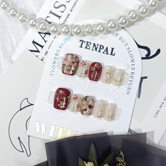 TENPAL Short Square Round Press On Nails,Chinese Style Red Gold Florals,Hand-Painted Gold Trim Flowers Nails,Pearl White Glitter Accents,Vintage Soft Gel Fake Nails for Festivals/Weddings,10pcs XS