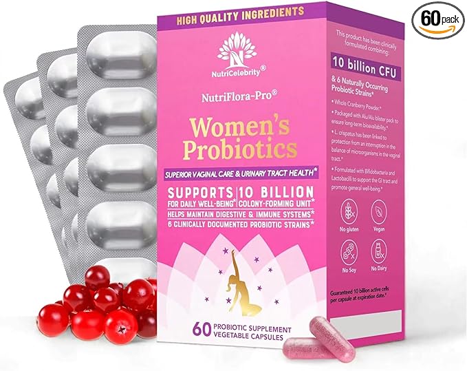 Nutricelebrity NutriFlora-Pro Probiotics for Women - Support Vaginal, Urinary Health, Immune System Digestive System Support, Cranberry Pills Supplement, 10 Billion CFU 6 Strains (30 Caps) - 2 Pack