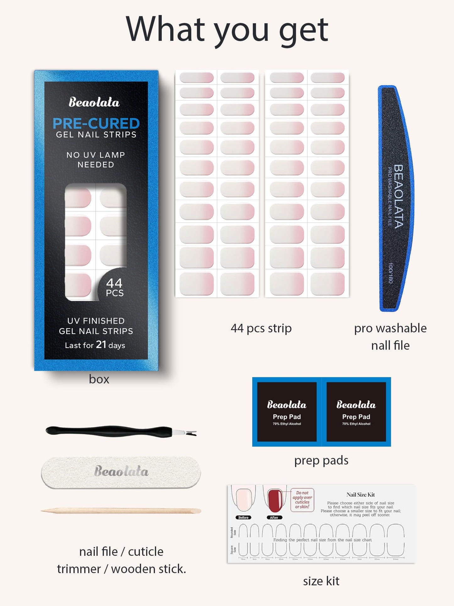 Beaolata Real Gel Nail Strips (No UV Light Needed) - 44Pcs Salon Quality Nail Stickers - Long Lasting Polish Wraps for Women, Easy Apply & Remove (Soft Swirl Pink)