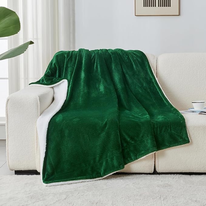 SOCHOW Waffle Sherpa Fleece Throw Blanket, Super Soft Fuzzy Warm, Lightweight Fluffy Reversible Plush Blanket for Bed Sofa Couch, 60 x 80 Inches Forest Green