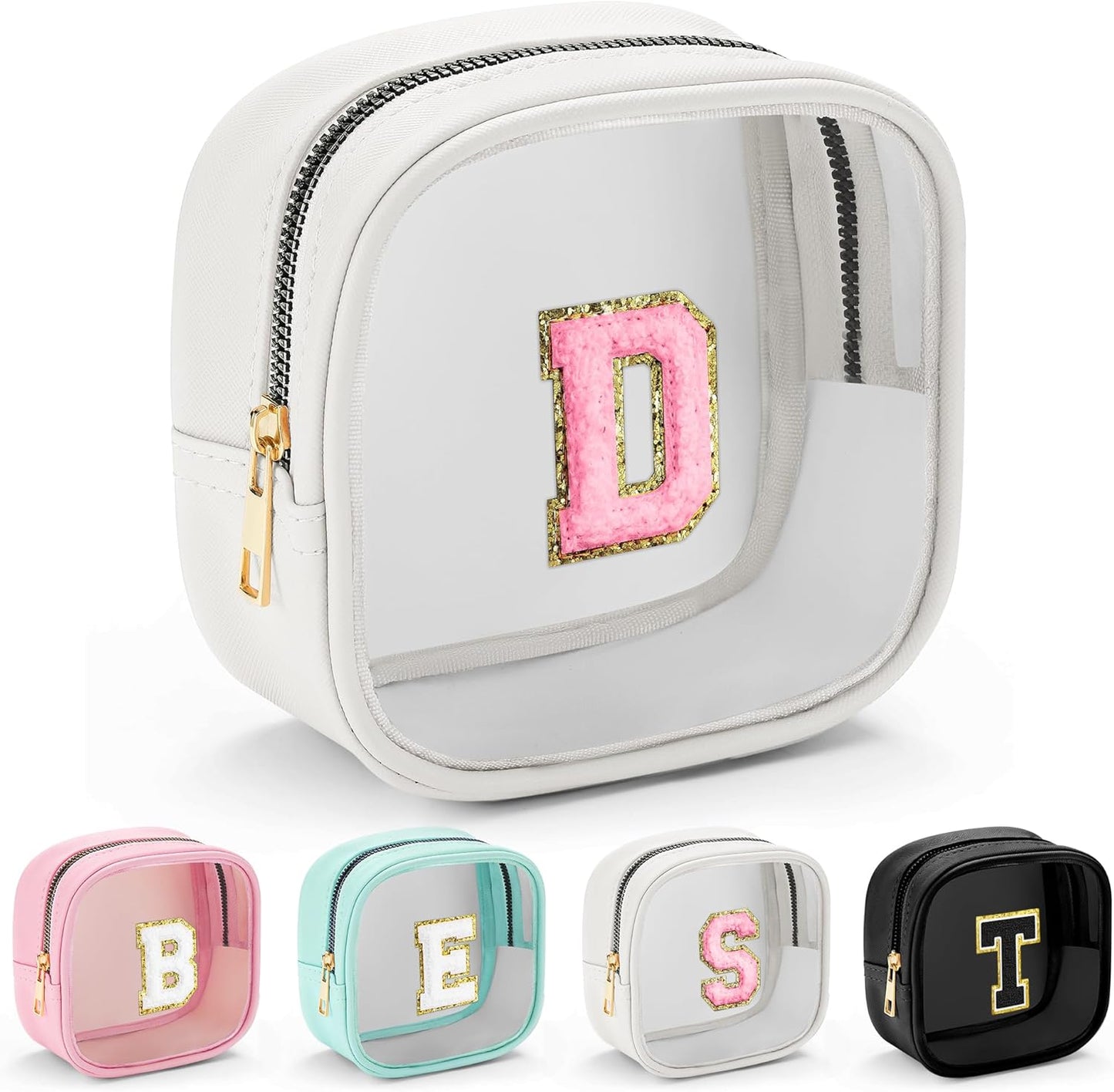 YOOLIFE Initial Make Up Bag Travel Toiletry Bag, Clear Makeup Bag Preppy Cosmetic Bags Organizer Travel Essentials Gifts for Women Teen Girlfriend Teacher Mom Birthday Mothers Day Gifts White D