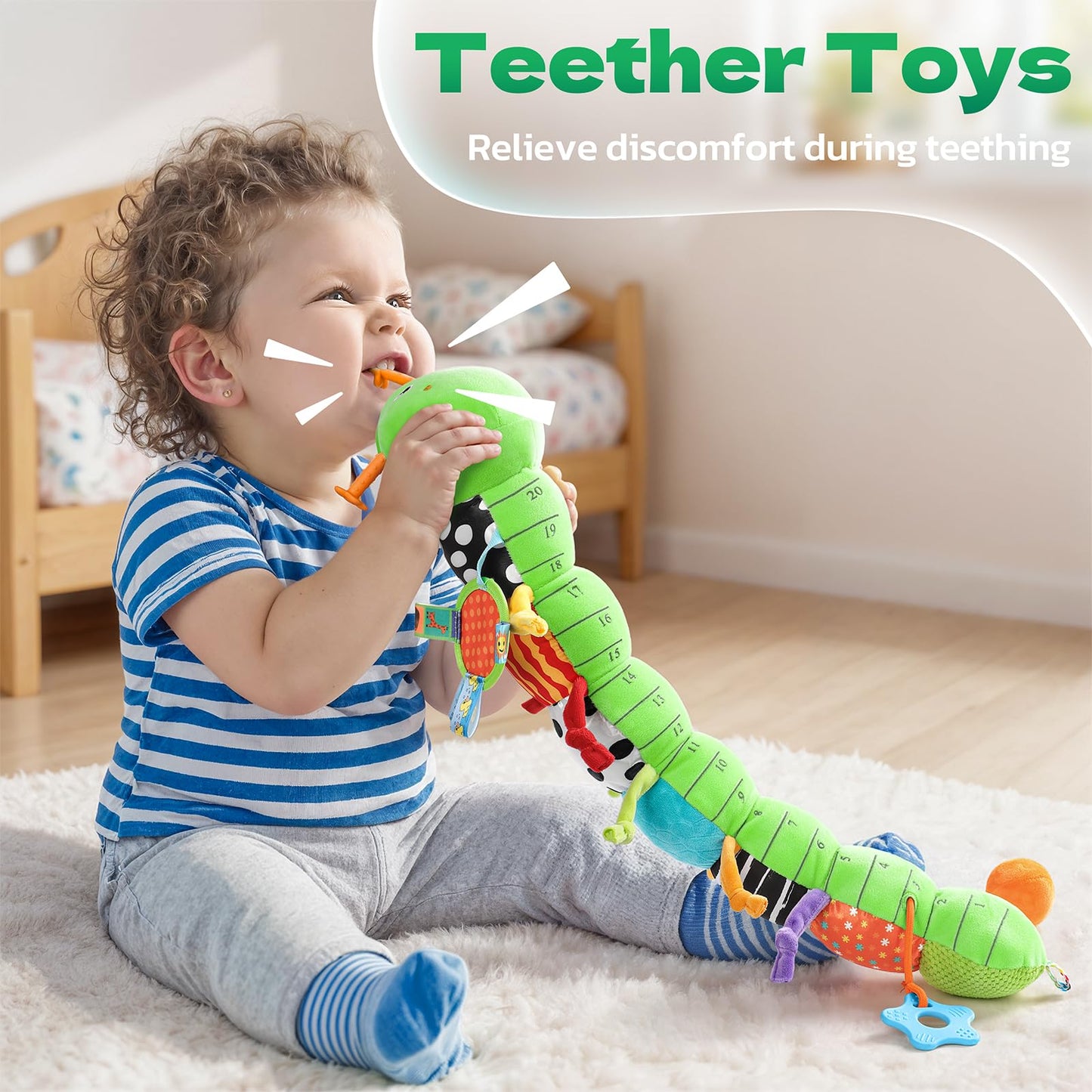 HEMRLY Baby Sensory Toy 0-6 Months, Musical Stuffed Caterpillar Plush with Teether, Crinkle, Rattle, Baby Mirror for Tummy Time, Infant Car Seat Toy for 0-3-6-12 Month Boys Girls Gifts - Knotted Green