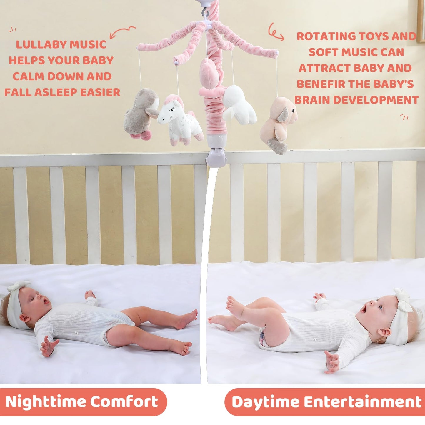 JOLLITO Crib Mobile for Girls, Soft Pink Musical Baby Crib Mobile with 12 Lullabies, Rotating Arm and Detachable Plush Animal Toys, Nursery Decor Baby Mobile for Crib Toys Bassinet