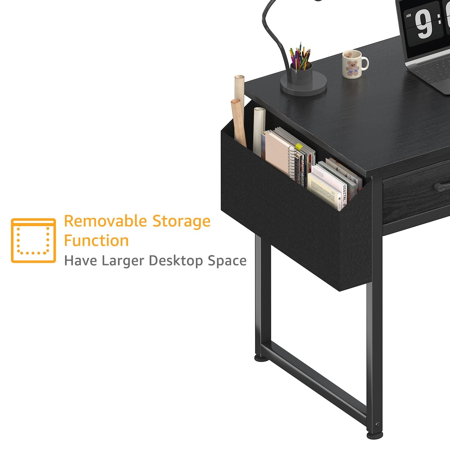 DLisiting Small Desk with Fabric Drawers for Bedroom, 32 Inch Gaming Desk with 2 Drawers for Small Space, Study Writing Table PC Desks, Black