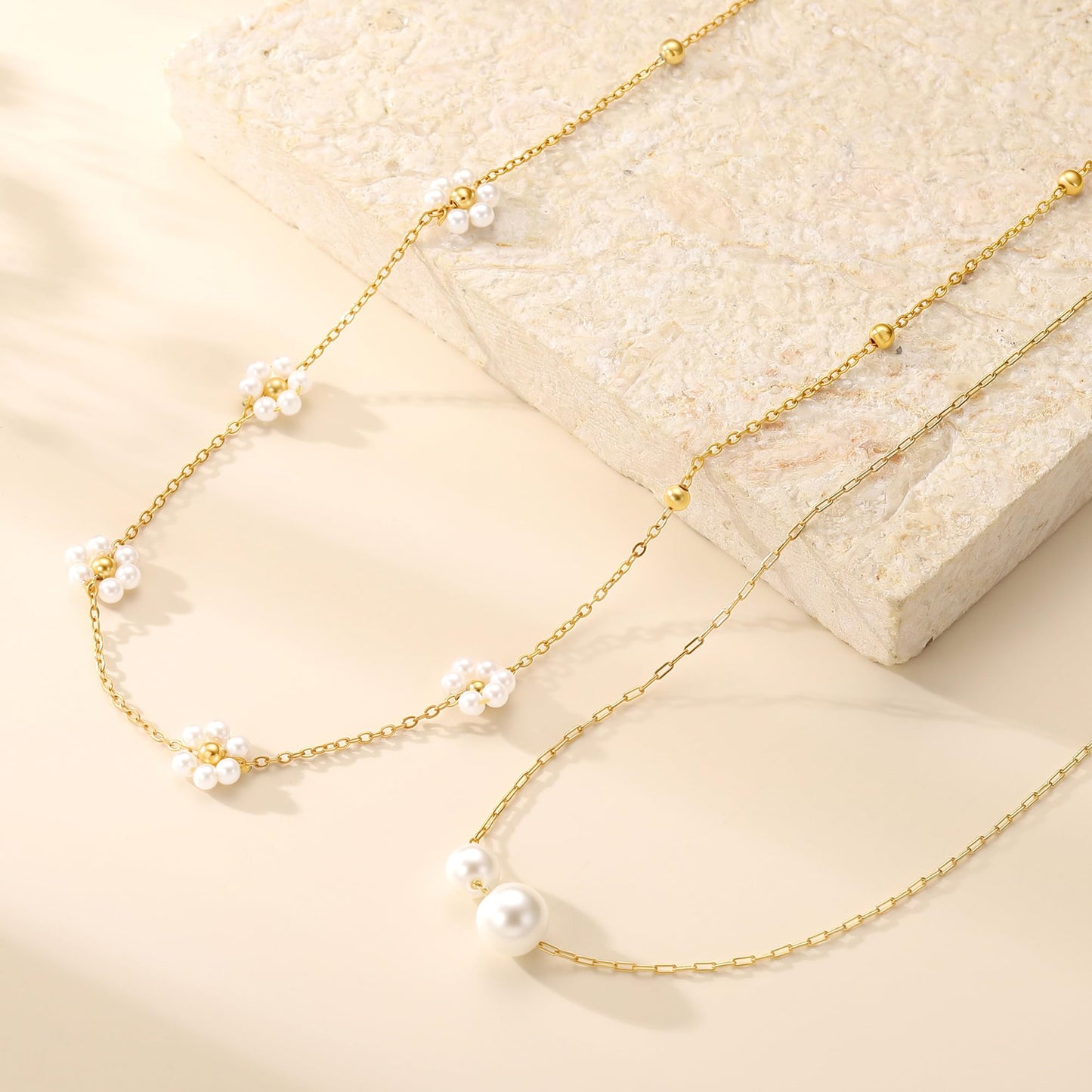 Fimhut Pearl Necklace for Women - 18K Gold Plated 3 Pearl Necklace Fashion Accessory Dainty Gold Necklaces Dainty Simple Layered Chain Necklaces Gold Jewelry for Women Gifts
