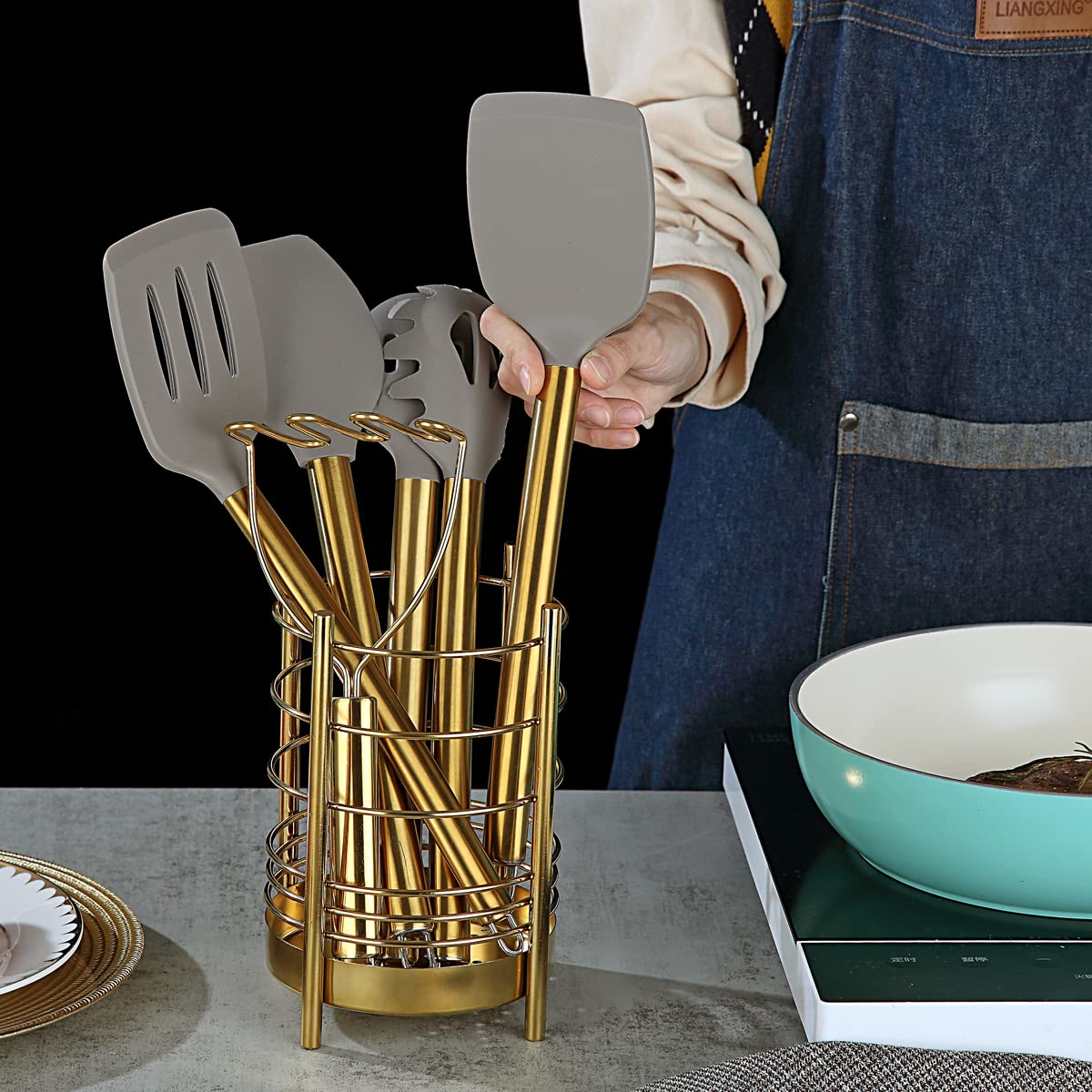 Gold Kitchen Utensils Set, Berglander 38 Pieces Non-stick Silicone Cooking Tools Spoon Spatula Set With Sturdy Stainless Steel Utensil Holder, Dishwasher Safe