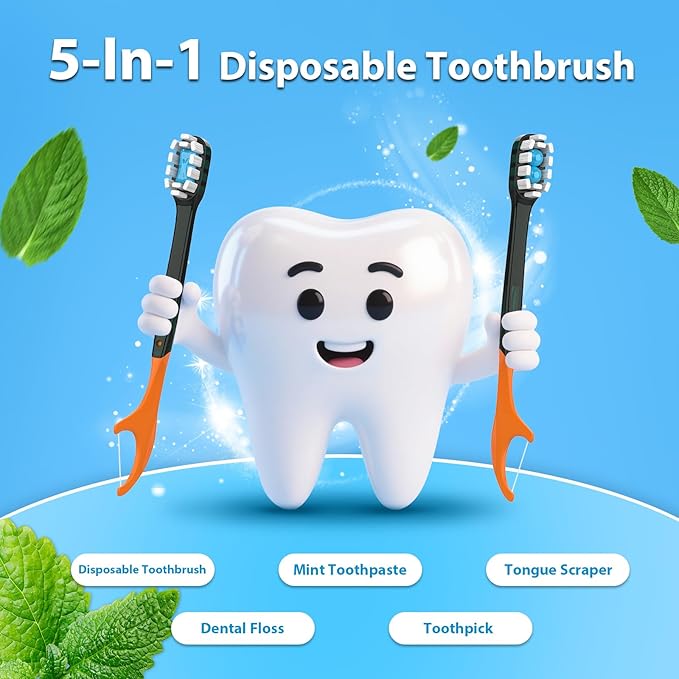 10Pack Disposable Toothbrush with Pre-Pasted Toothpaste 5-in-1 Mini Travel Toothbrush Deep Clean with Toothpick, Flosser, Tongue Scraper for Superior Oral Hygiene, Individually Wrapped