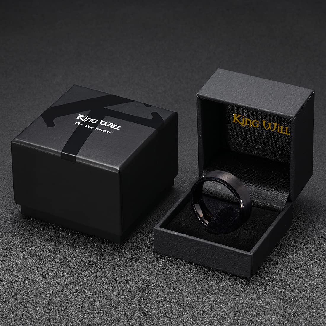 King Will 10mm Men's Black Wedding Ring - Brushed Matte Surface, Beveled Polished Edge, Comfort Fit Size 9