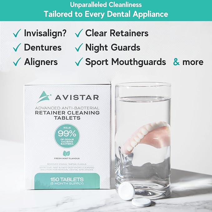 Retainer & Mouth Guard Cleaner Tablets - Mint Flavor Retainer Cleaner Tablets & Invisalign Cleaner - Denture Cleaning Tablets, Denture Cleaner, Aligners, Night Guard, Mouthguard Cleaners - 150 Count