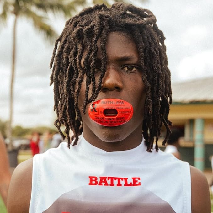 Battle Sports Oxygen Football Mouthguard - Football Mouth Guard with Strap, Superior Airflow & Better Performance, Maximum Breathability, Works with Braces - Beware of Dog/Red