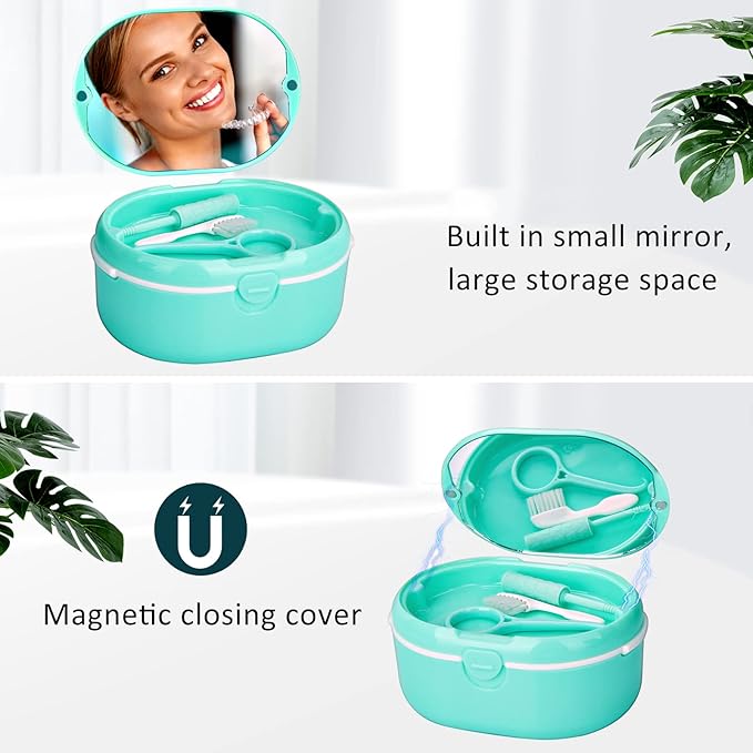 Denture Case, Double Denture Slot Cup Case Wet & Dry Portable Denture Case Portable False Teeth Container, Denture Cup with Lid for Cleaning Household Office Travel (Green)