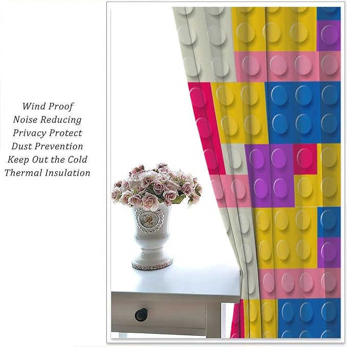 Kids Building Blocks Toy Curtains Children's Room Abstract Outline Colorful Plastic Toys Geometric Bricks Print Curtains for Boys Girls Nursery Curtains 42x45 Inches 2 Panels