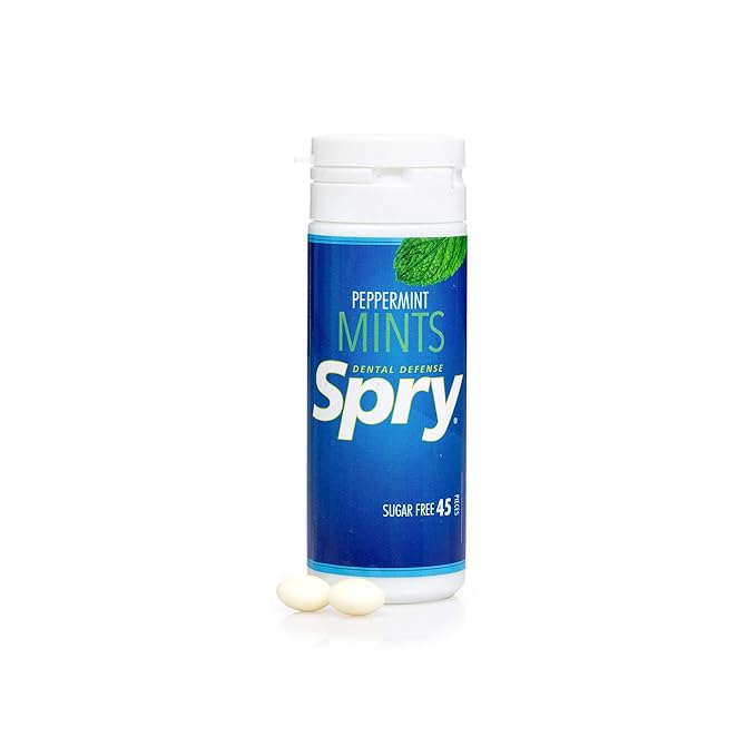 Spry Xylitol Peppermint Mints Sugar Free Candy - Promote Oral Health, Increase Saliva Production, Stop Bad Breath, Non-GMO, Gluten-Free, 45 Count (Pack of 1)