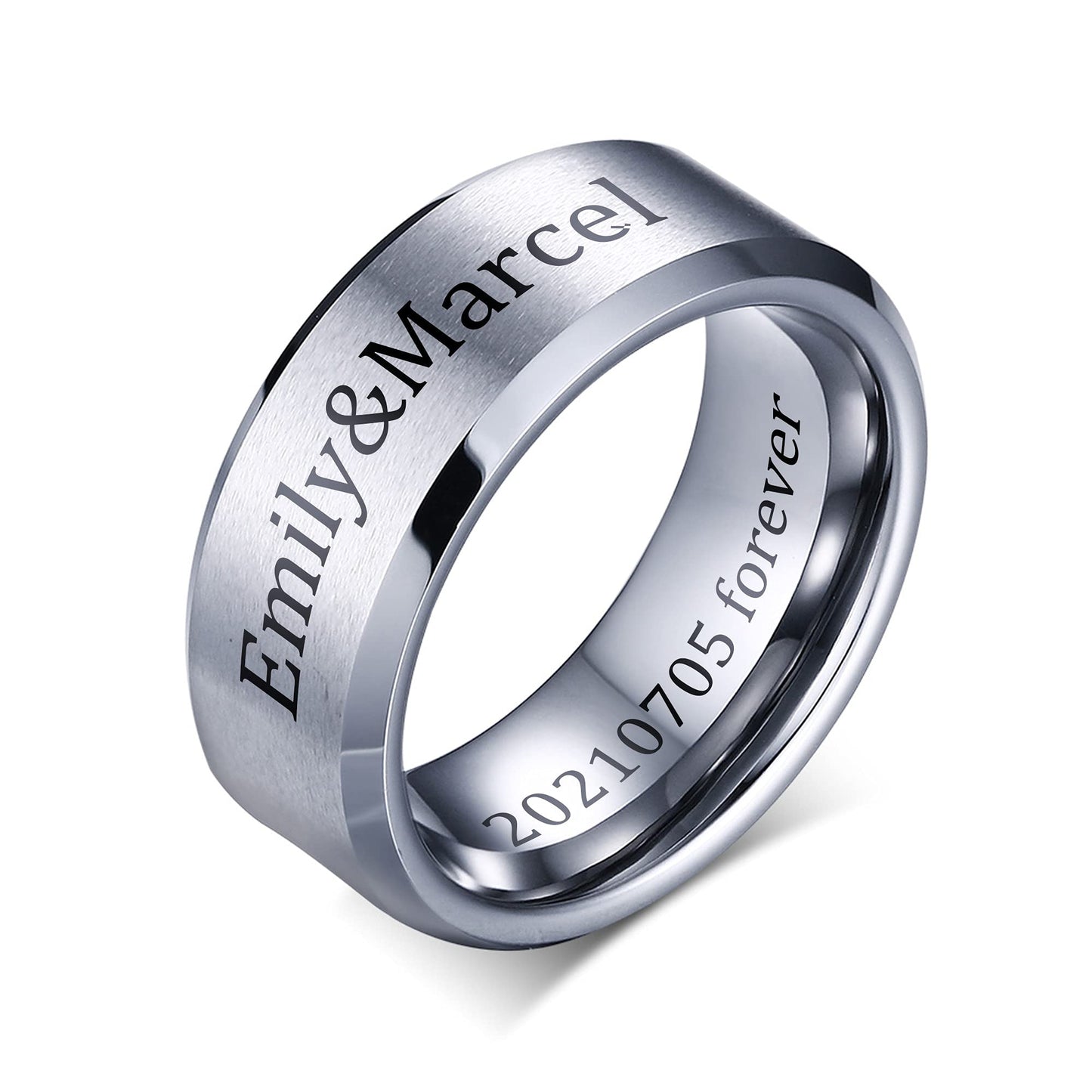 VNOX Mens 8mm Brushed Matte Tungsten Carbide Classical Simple Plain Personalized Custom Name Date Wedding Band Wedding Engagement Ring,Silver,Size 12