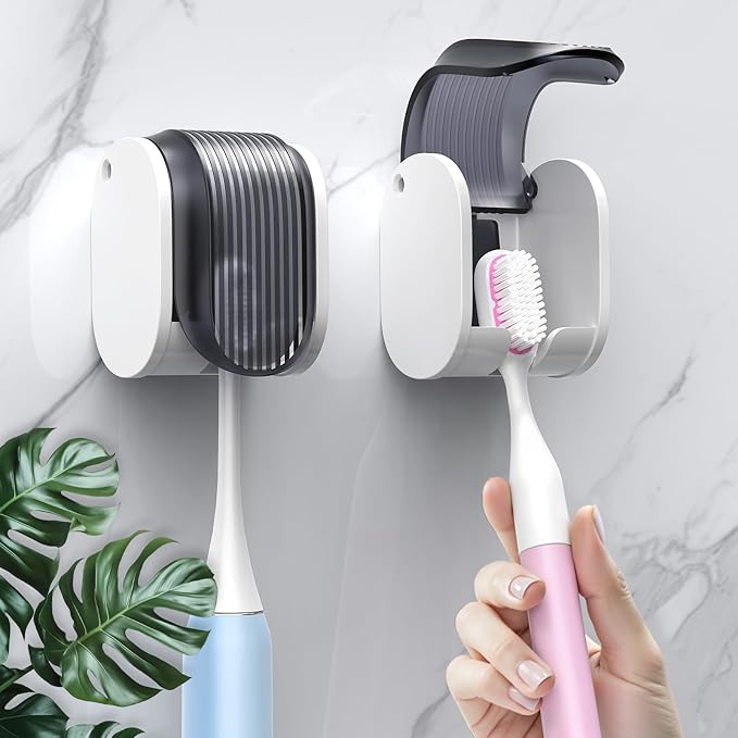 2 Pcs Toothbrush Holders Wall Mounted, Single Slot Design, Shower Self Adhesive Wall Mounted Toothbrush Holder with Cover, Waterproof and Dustproof, Suitable for Bathroom, Family, Travel (Grey)