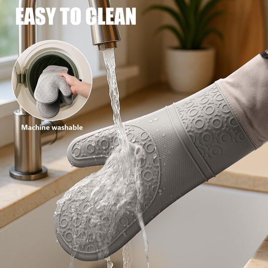 Rorecay 6pcs Oven Mitts and Pot Holders Sets for Kitchen, Extra Long Silicone Oven Gloves High Heat Resistant 500 Degrees Non-Slip Potholders Hot Pads for Baking Cooking, Grey
