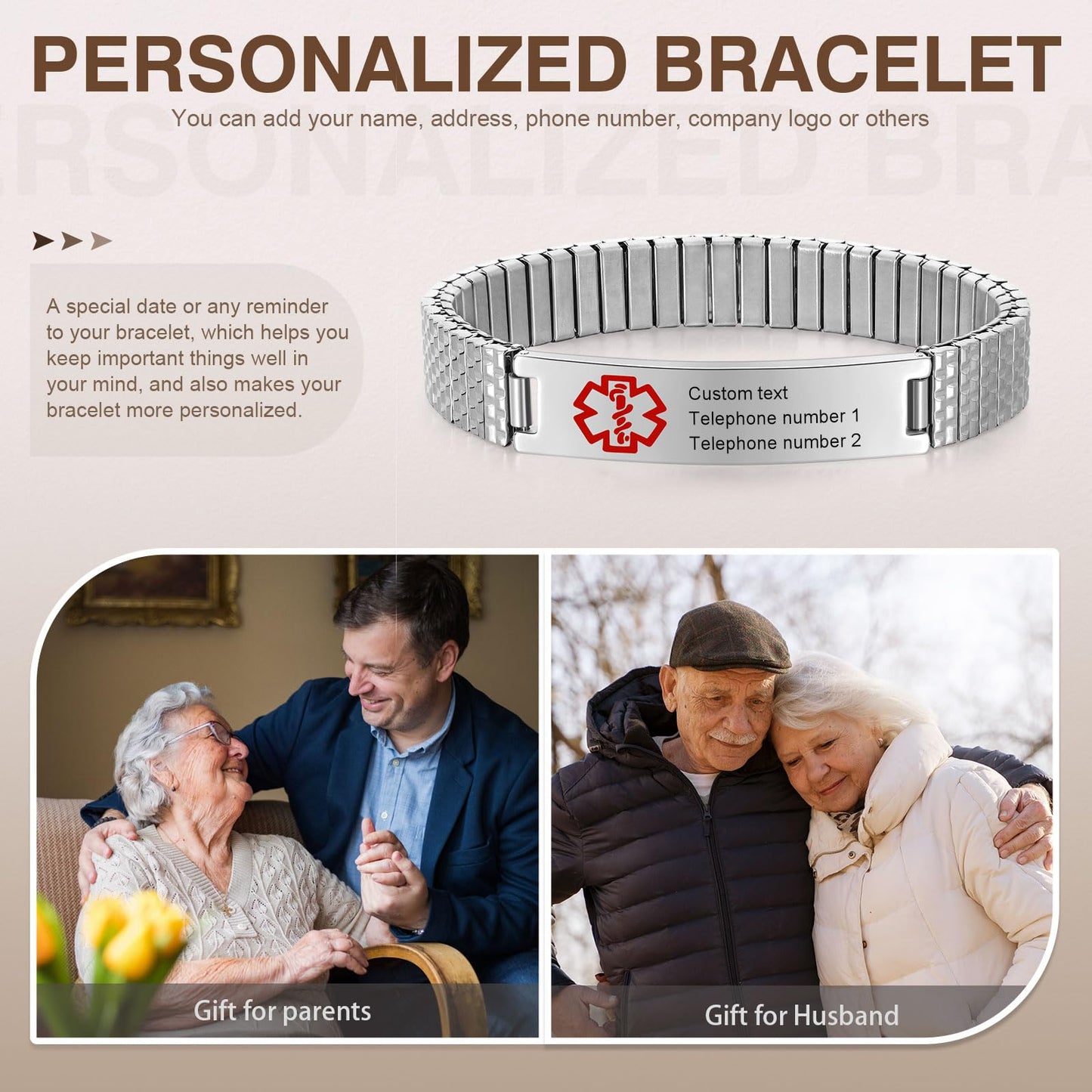 Personalized Medical ID Bracelets for Men - Custom Emergency Alert Bracelet for Women Engraved Medic Info Elastic Stainless Steel Bracelets for Family Autism Allergy Diabetic Epilepsy (Silver, 21.5cm)